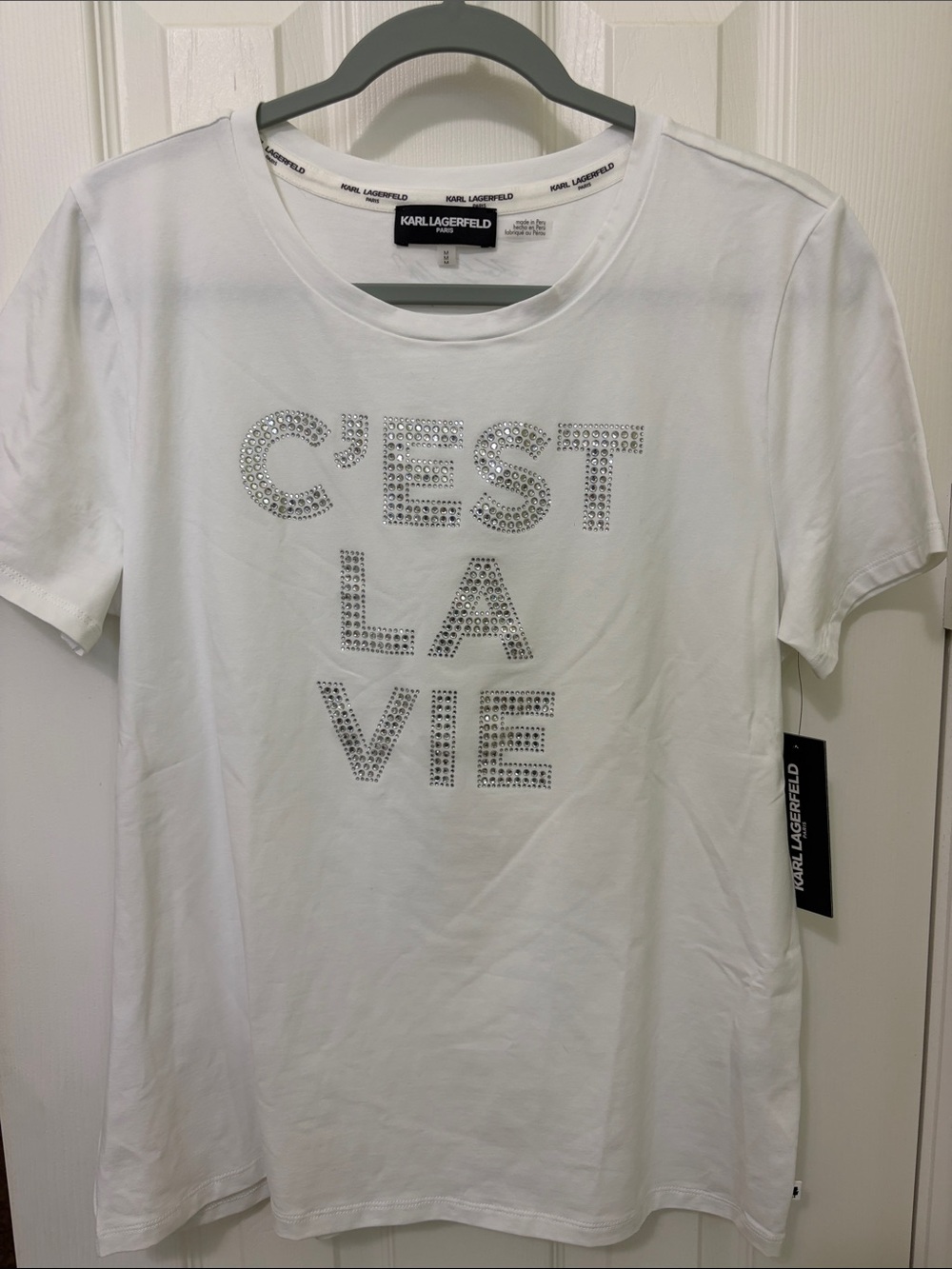 Karl Lagerfeld White Tee with Crystal 'C'EST LA VIE' Graphic